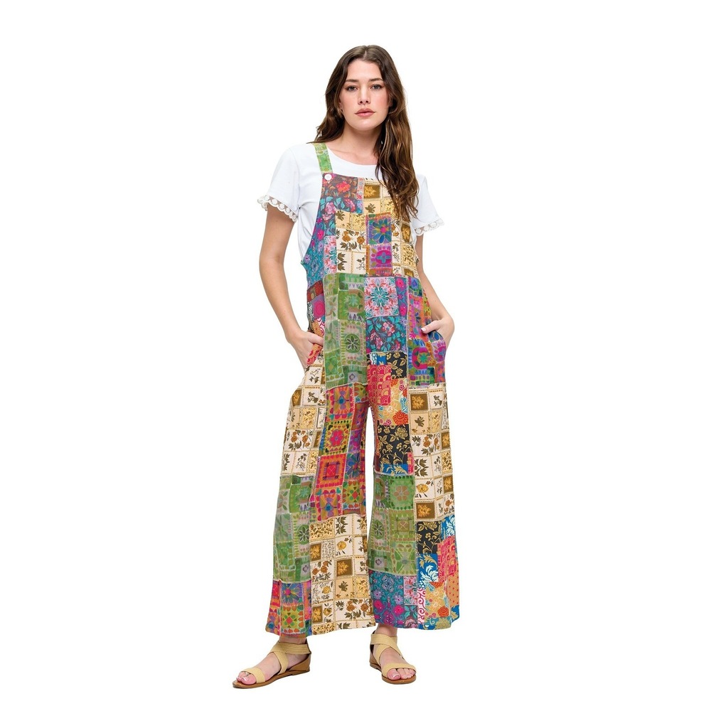 New Yak & Yeti Patchwork Overalls S/M Multicolor‎ Boho Wide Leg Jumpsuit